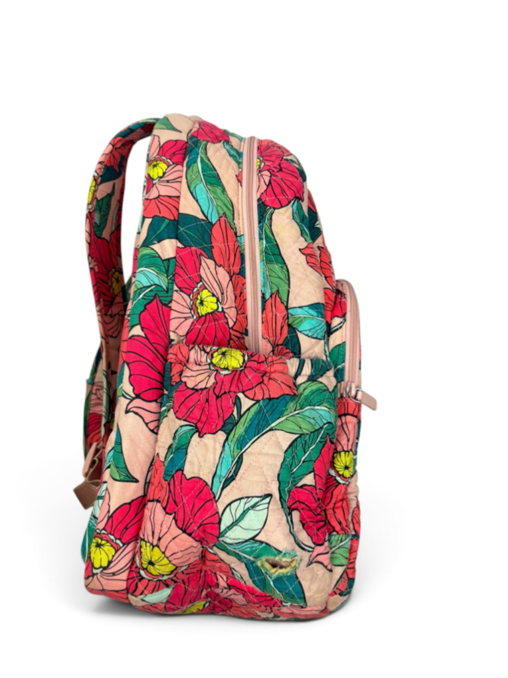 Vera Bradley Vintage Floral Quilted Campus Backpack Pink Green - Picture 3 of 16